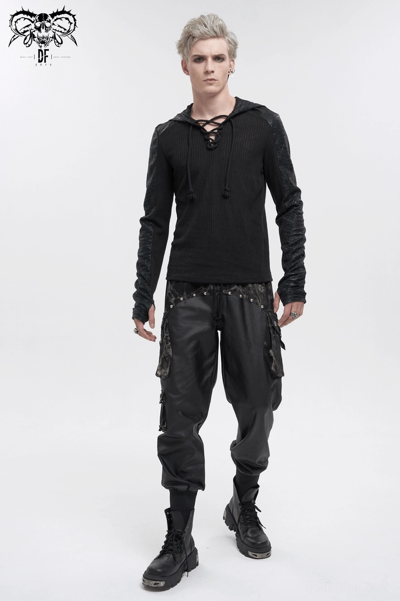 Black gothic cargo joggers styled with alternative accessories and footwear combination