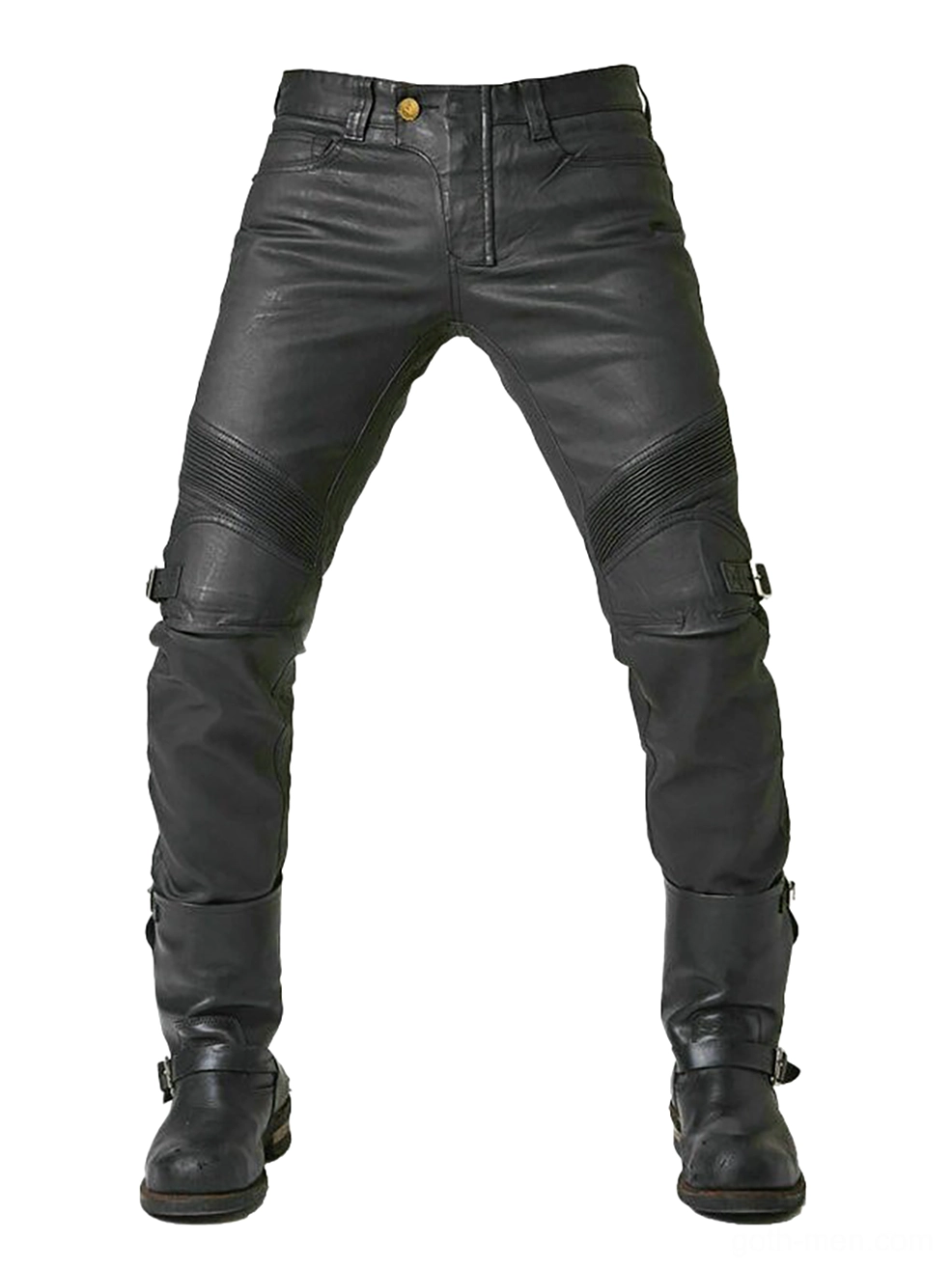 Black gothic cargo motorcycle pants front view - fitted black biker pants with knee straps and jean-style waistband