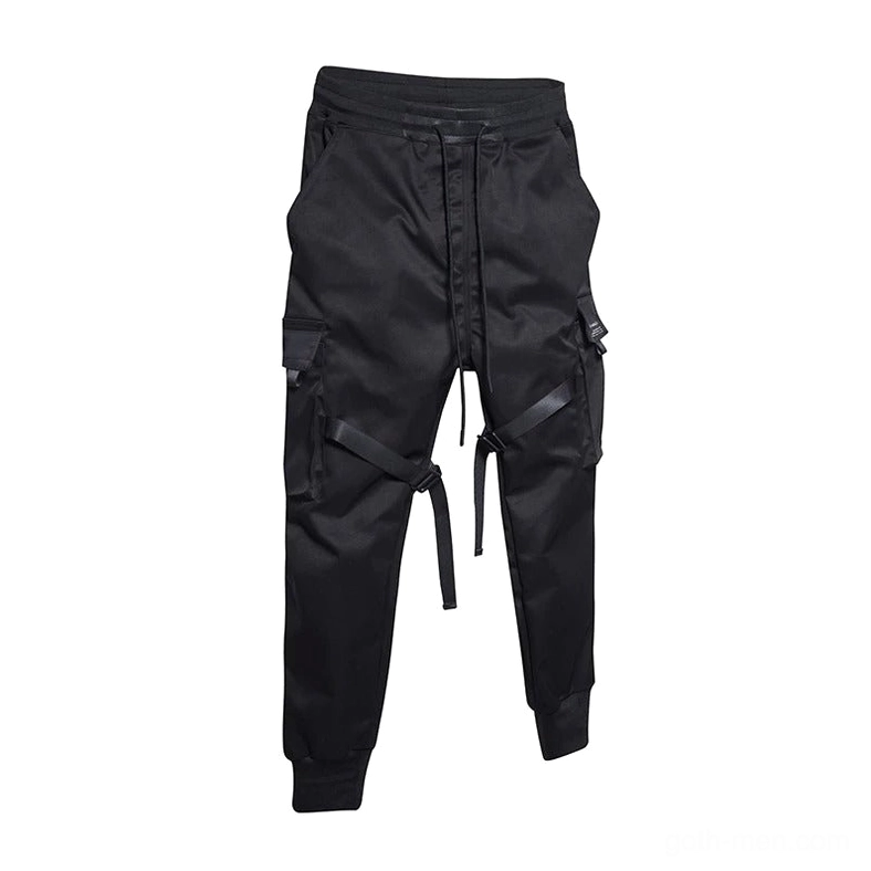 Black cargo joggers with decorative ribbon straps - back view showing pocket details