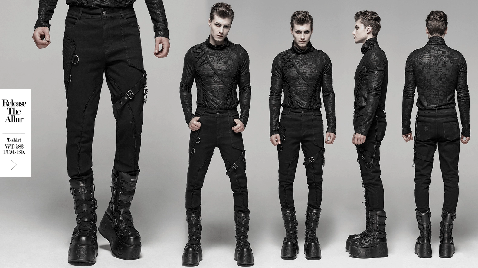 Black Gothic cargo pants complete front view, featuring integrated loop belt and statement chain accent