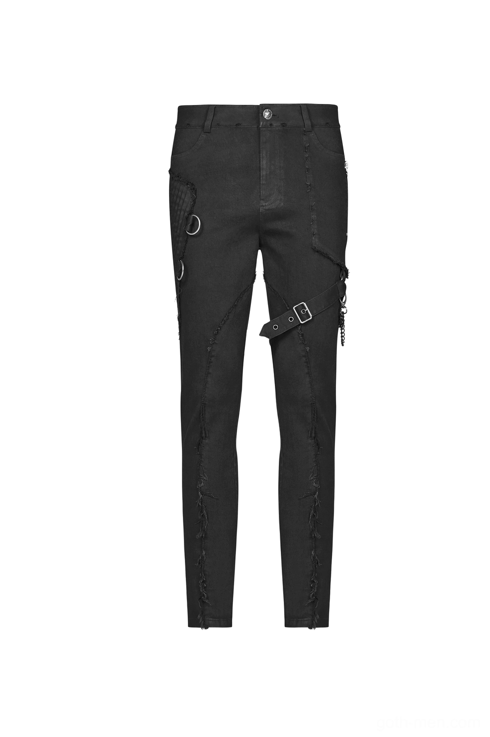 Black Gothic cargo pants flat lay back view, showing rear pockets and side chain attachment points