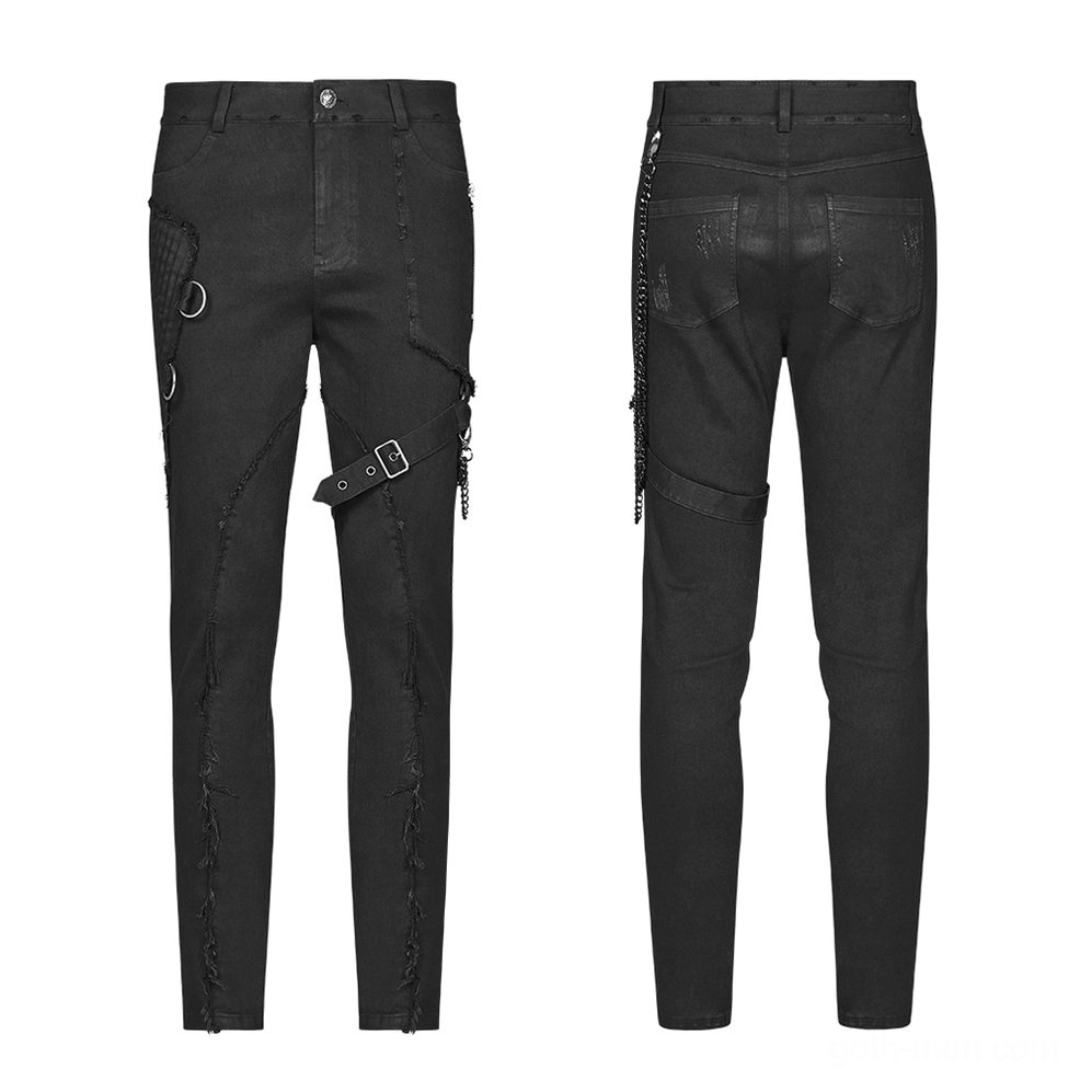 Black Gothic cargo pants flat lay front view, displaying metal hardware, pressure-fold detailing, and industrial accents