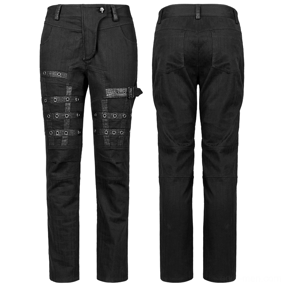 Front and rear flat lay product shot of black gothic cargo pants showing full strap and grommet pocket details