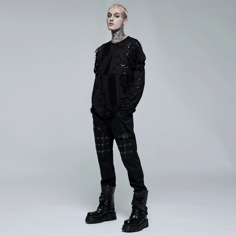 Flat lay comparison view showing both front and back construction of black gothic cargo pants with all hardware details