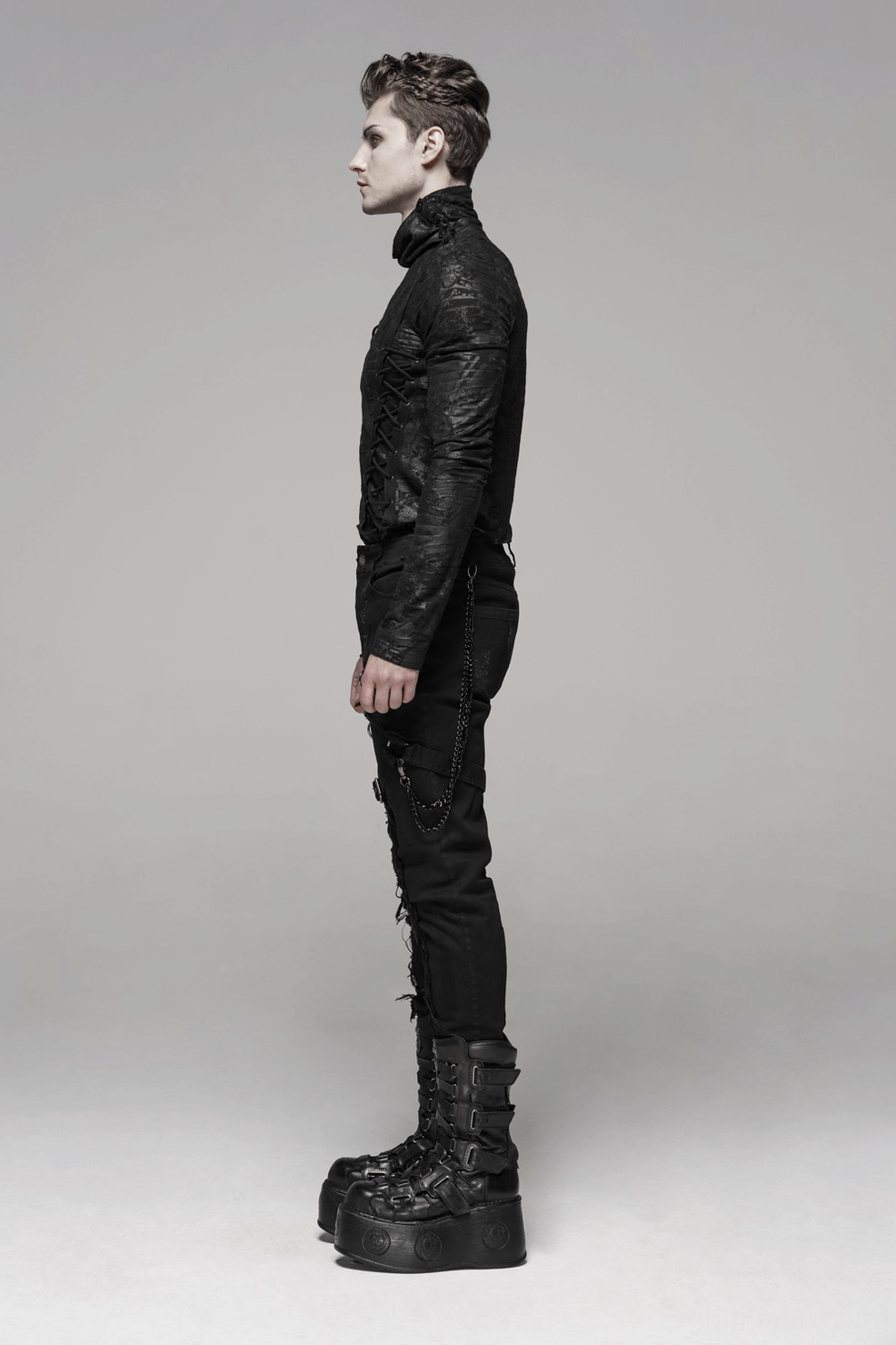 Black Gothic cargo pants full length flat lay displaying slim fit cargo silhouette
