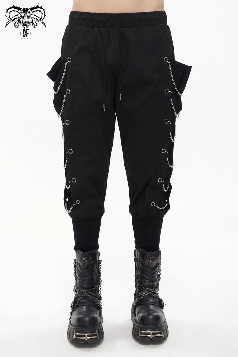 Black gothic cargo pants full-length model shot showcasing overall silhouette and proportions