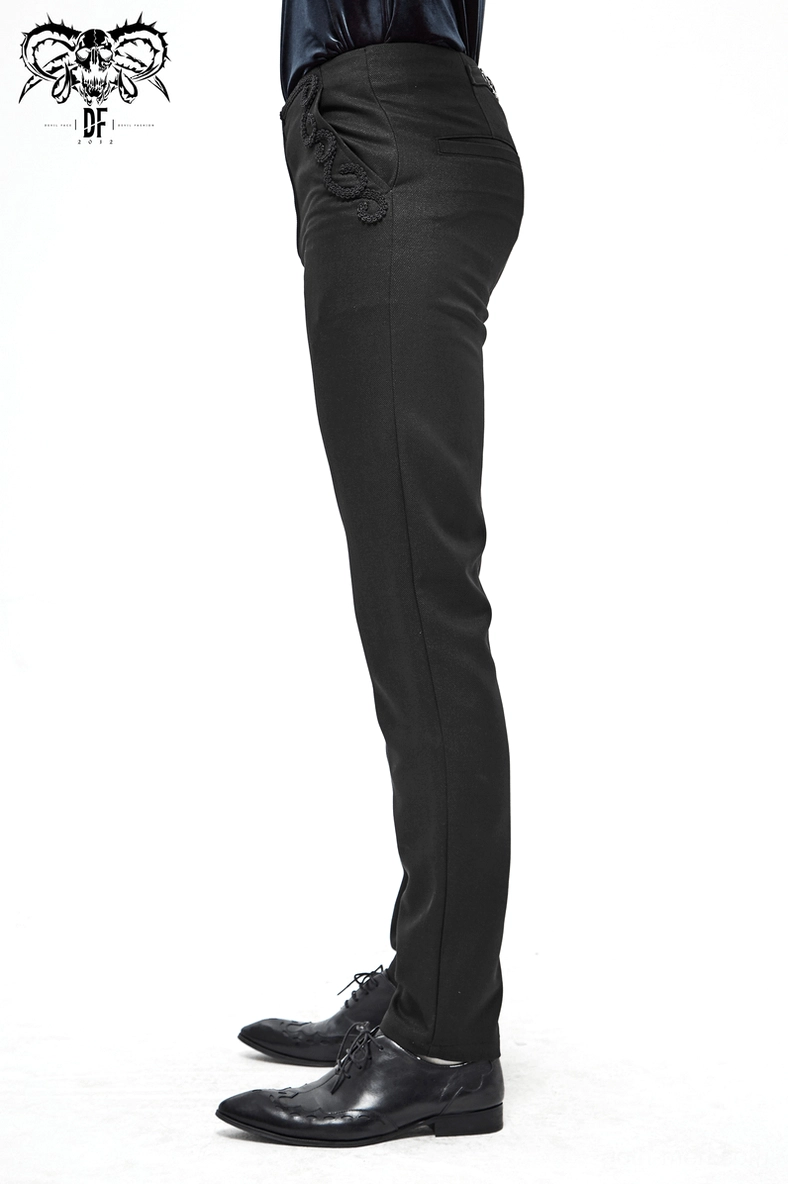 Full product view of black gothic cargo pants featuring lace trim and front zip aesthetic