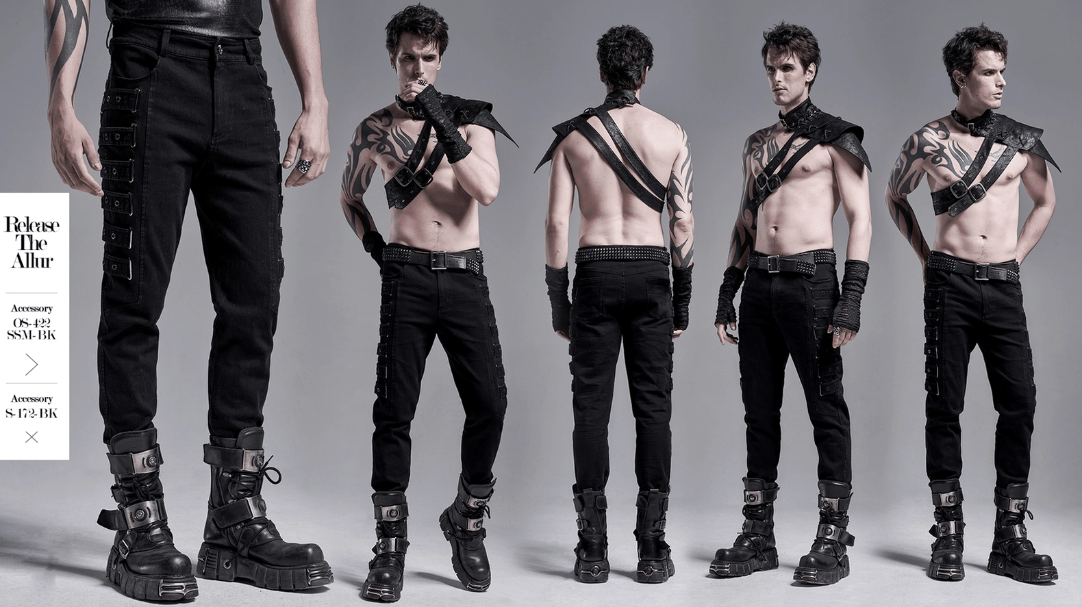 Full product view of black gothic cargo pants with side strap details and fitted cut tailoring