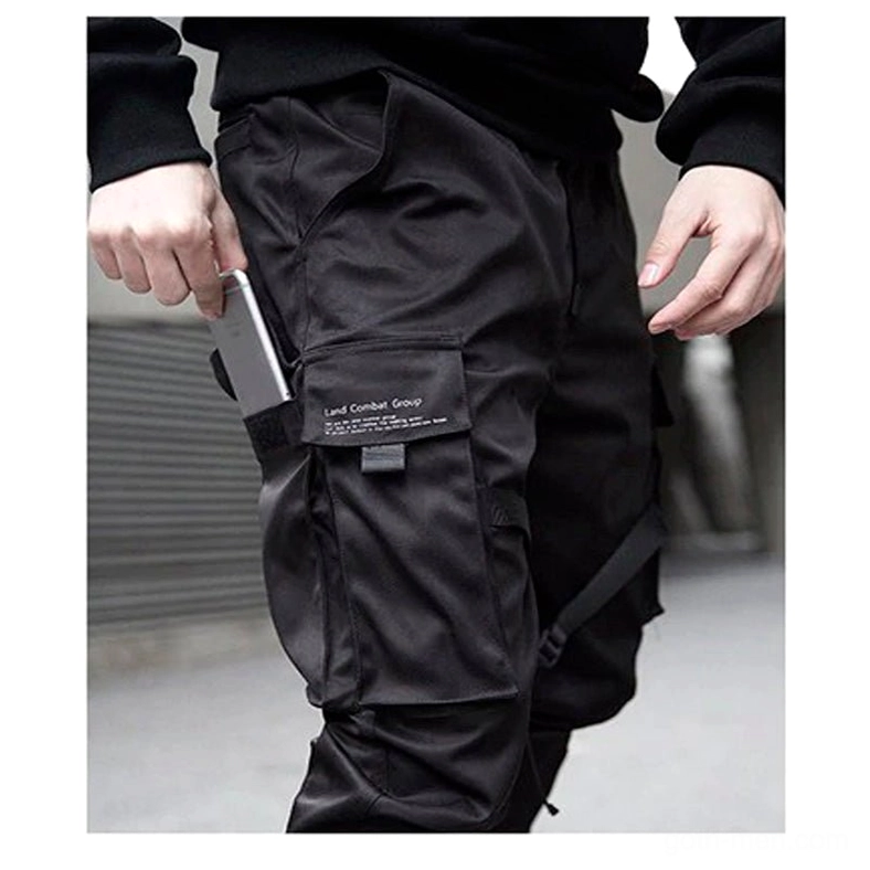 Black gothic cargo pants with utility ribbons and ribbed cuffs - product overview