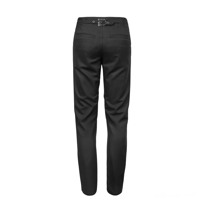 Rear flat lay of black gothic cargo pants showing back pockets and hardware details