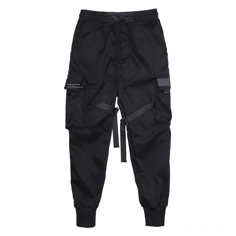 Black gothic cargo pants with ribbon straps and utility pockets - front flat lay view