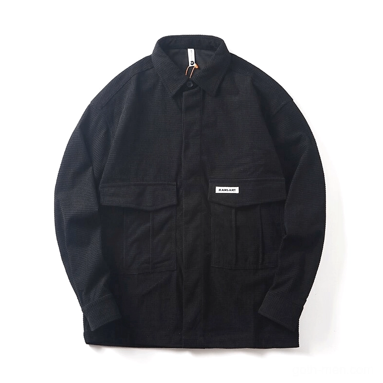 Black corduroy oversized gothic cargo shirt flat lay top-down view on white background, highlighting flap pocket structure and broadcloth texture detail