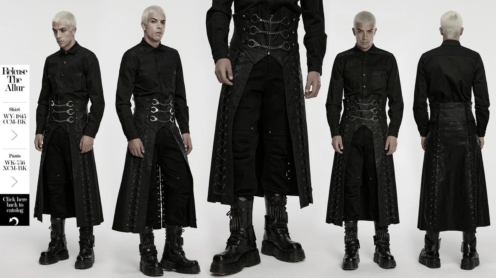 Primary product image of black gothic chain buckle kilt featuring side lacing and metal hardware