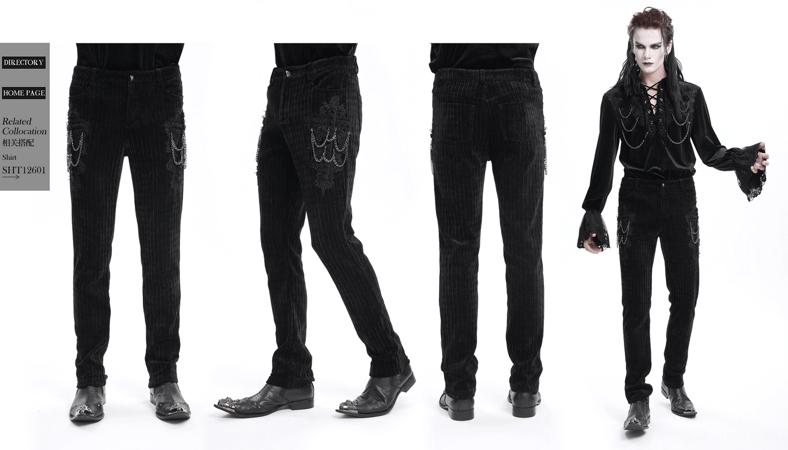 Black gothic slim fit pants with chain embellishments - flat lay product photography