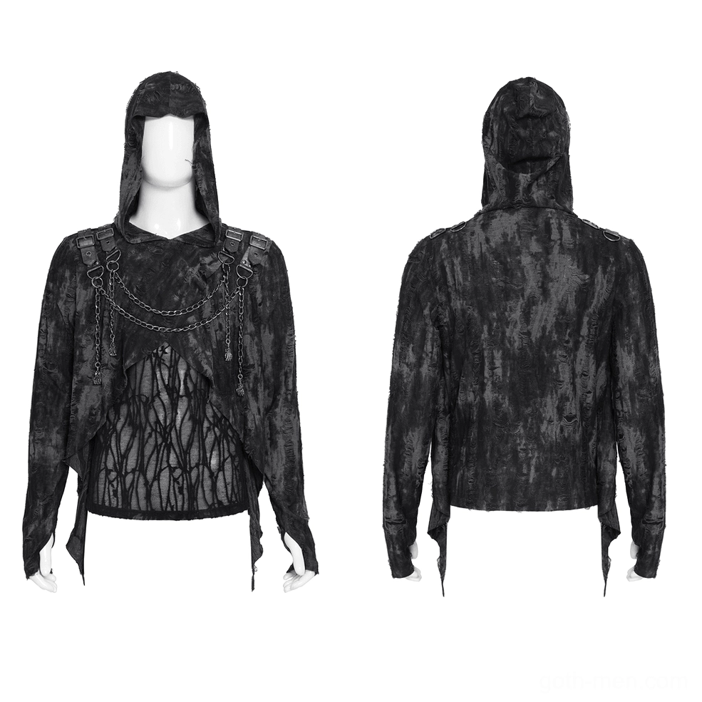 Black gothic mesh top with chain harness details displayed on male mannequin - front studio view