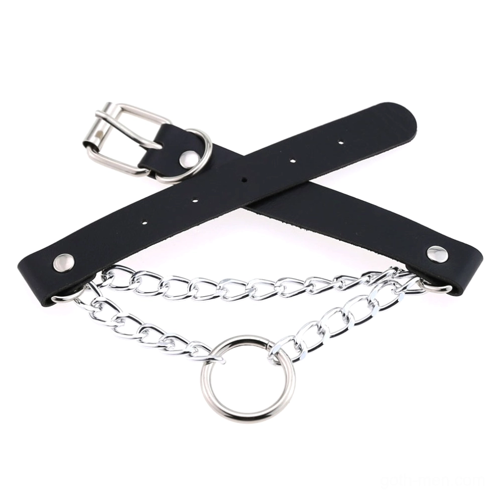 Black PU leather gothic choker with decorative chain and O-ring pendant, punk style neck jewelry crossed flat lay presentation