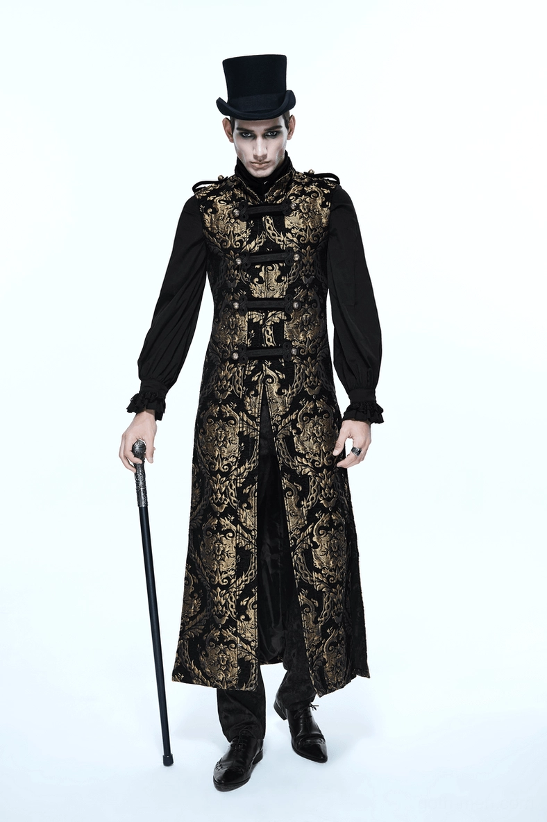 Black sleeveless gothic coat with luminous gold damask embroidery and structured tailoring