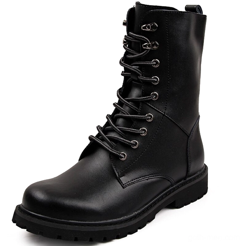 Black leather high-top military-style combat boot in single front-side view, displaying smooth leather shaft and round toe design