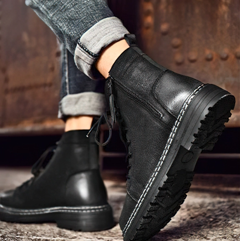 Side angle of black gothic combat boots showing functional design and construction quality