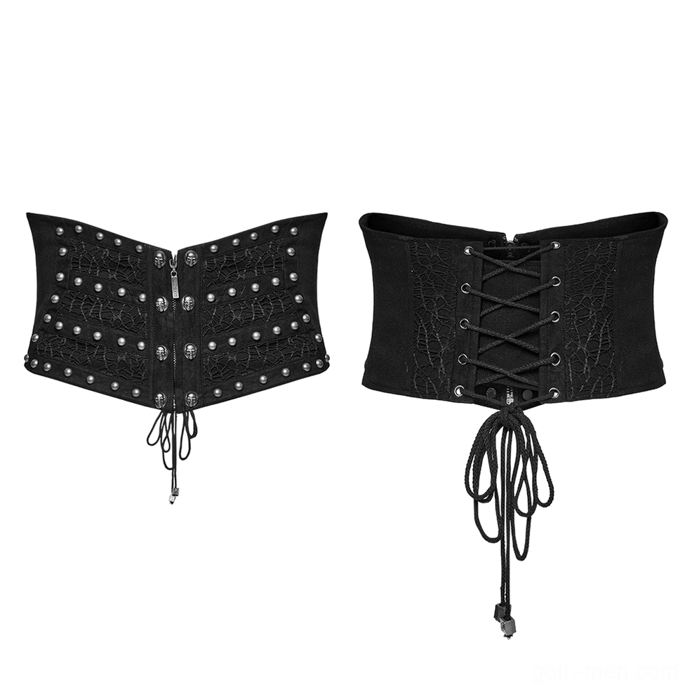 Two black gothic corset belts laid flat, one with rivets and zipper, one with full lace-up back detail