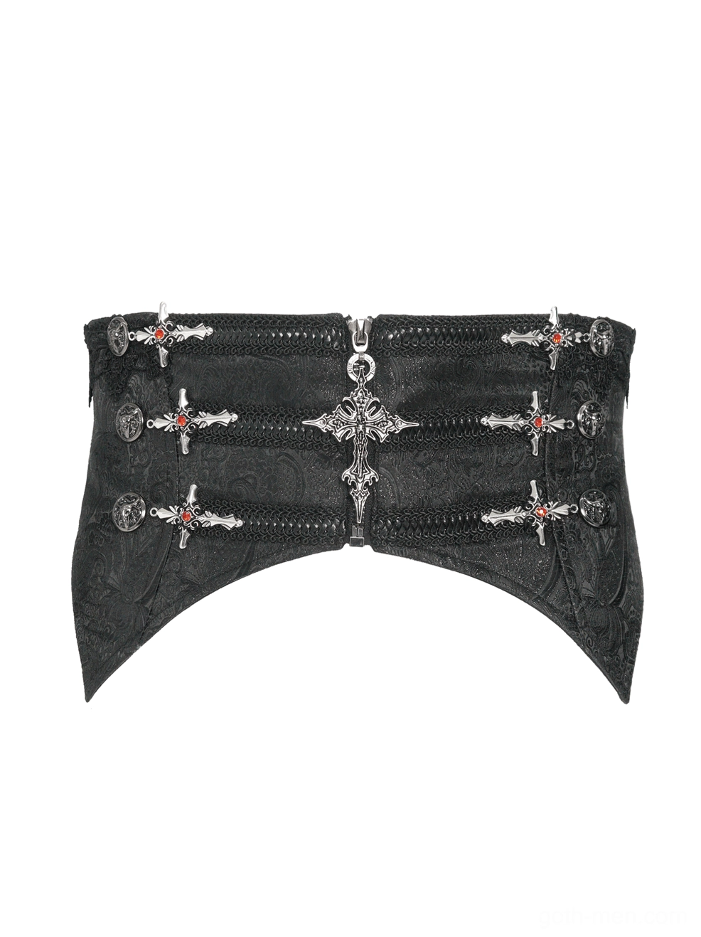 Front flat lay of black brocade gothic corset featuring multiple ornate silver cross embellishments and embossed texture