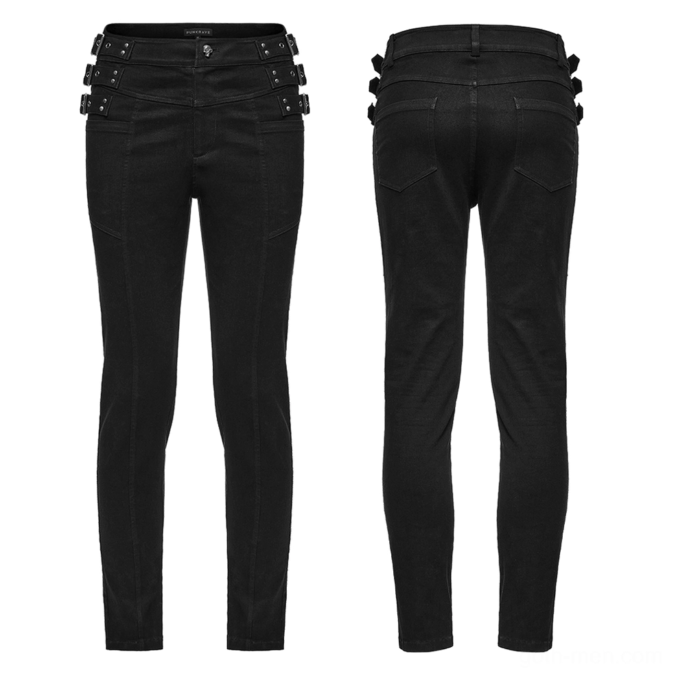 Black slim-fit gothic denim pants flat lay front view with studded waist loops and metal buckles