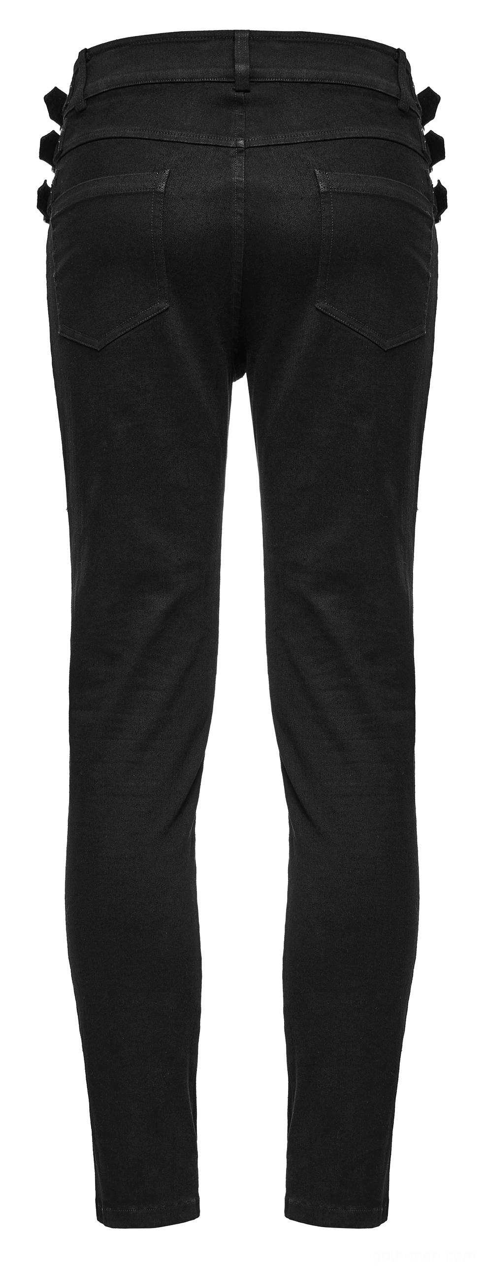 Rear flat view of black gothic denim pants with studded waist decoration and dual back pocket design