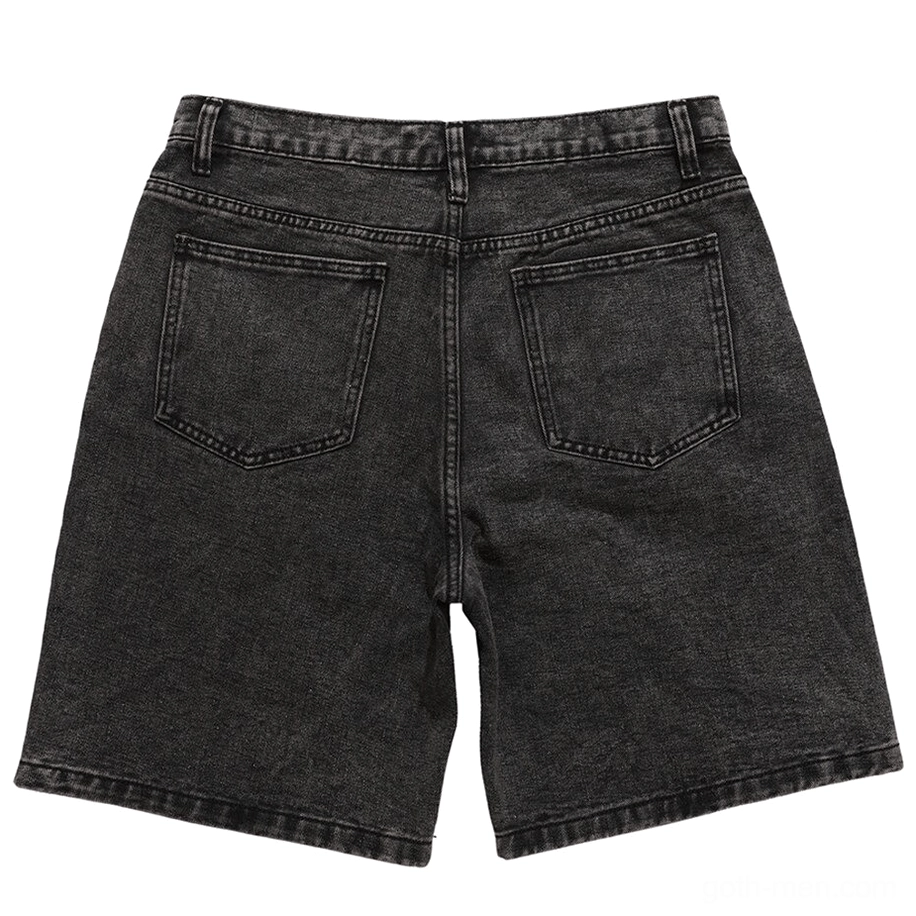 Rear view of solid black gothic denim shorts with dual back pockets and topstitching detail, flat lay