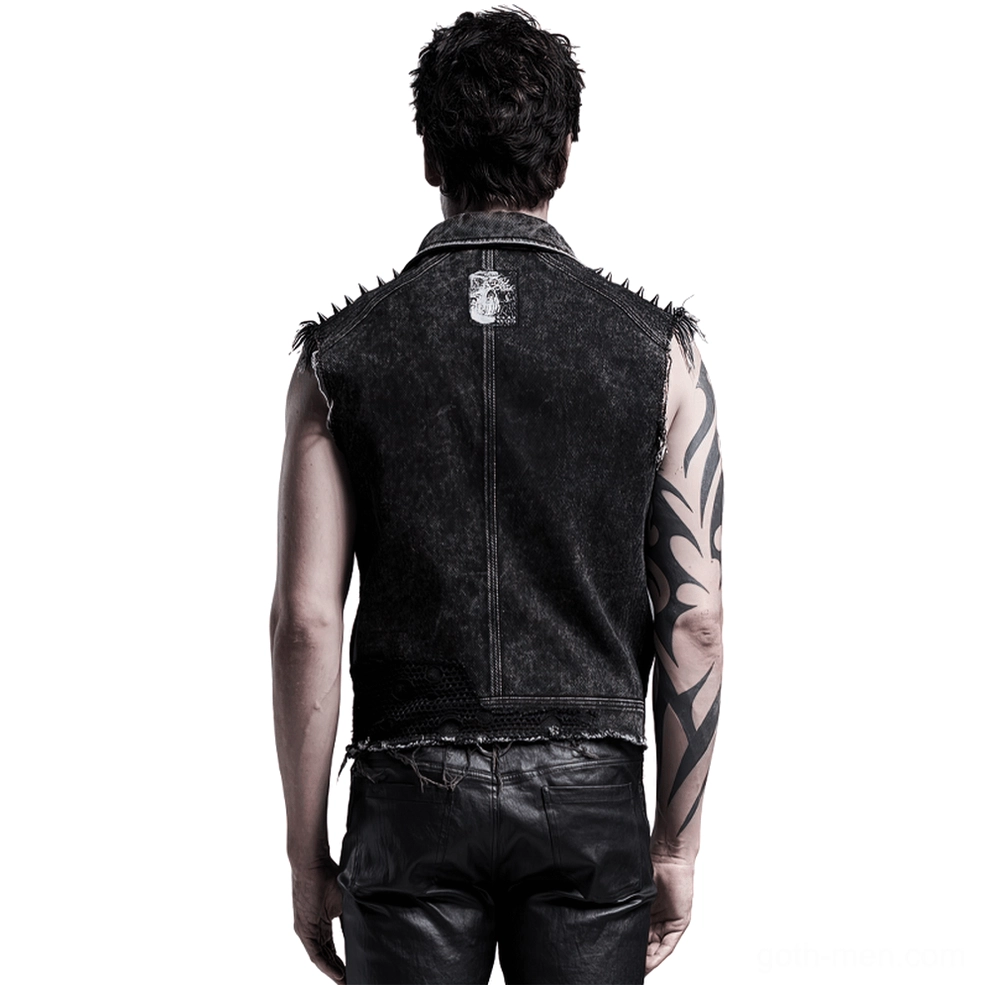Black gothic denim vest with embroidered skull back patch - rear view showing hardware details