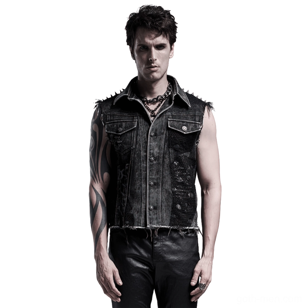 Black gothic denim vest with spiked rivets and skull patches - front view on male model