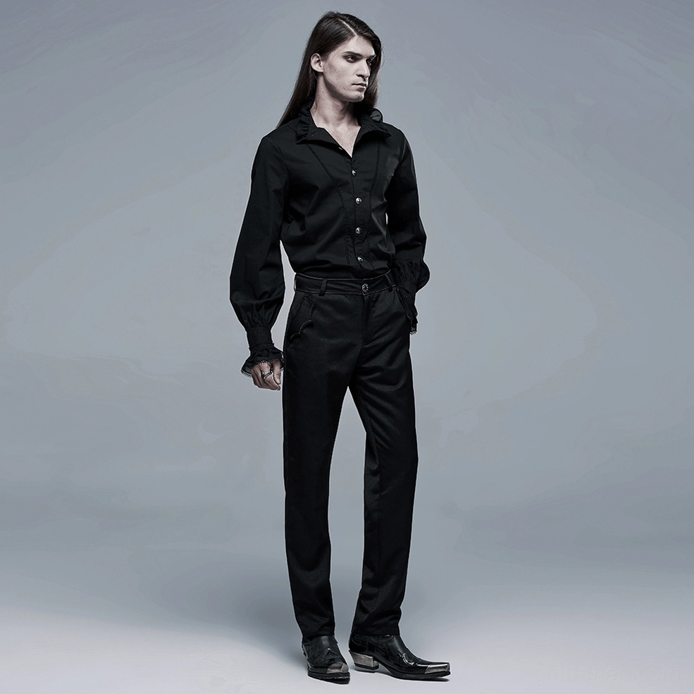 Black gothic dress shirt showing embroidered ribbon accents and refined tailored construction
