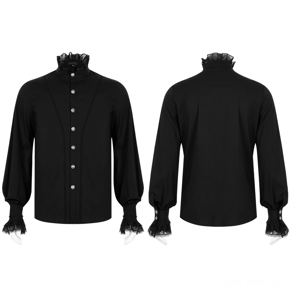 Black gothic dress shirt flat lay front and back display showing full silhouette and lace cuff details