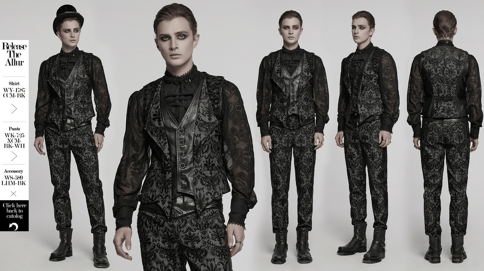 Black damask gothic waistcoat styled full body shot demonstrating fitted silhouette and formal appeal