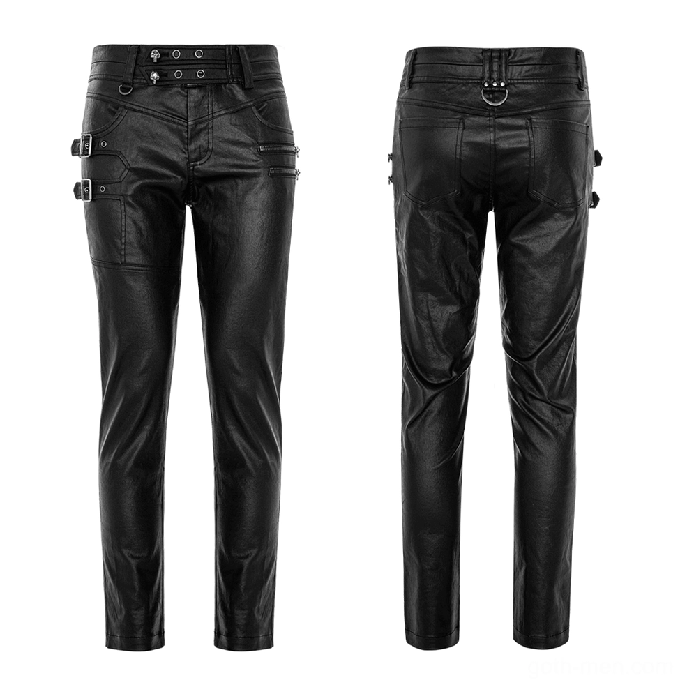 Black gothic faux leather pants flat lay front and back view with buckle straps and D-ring accents