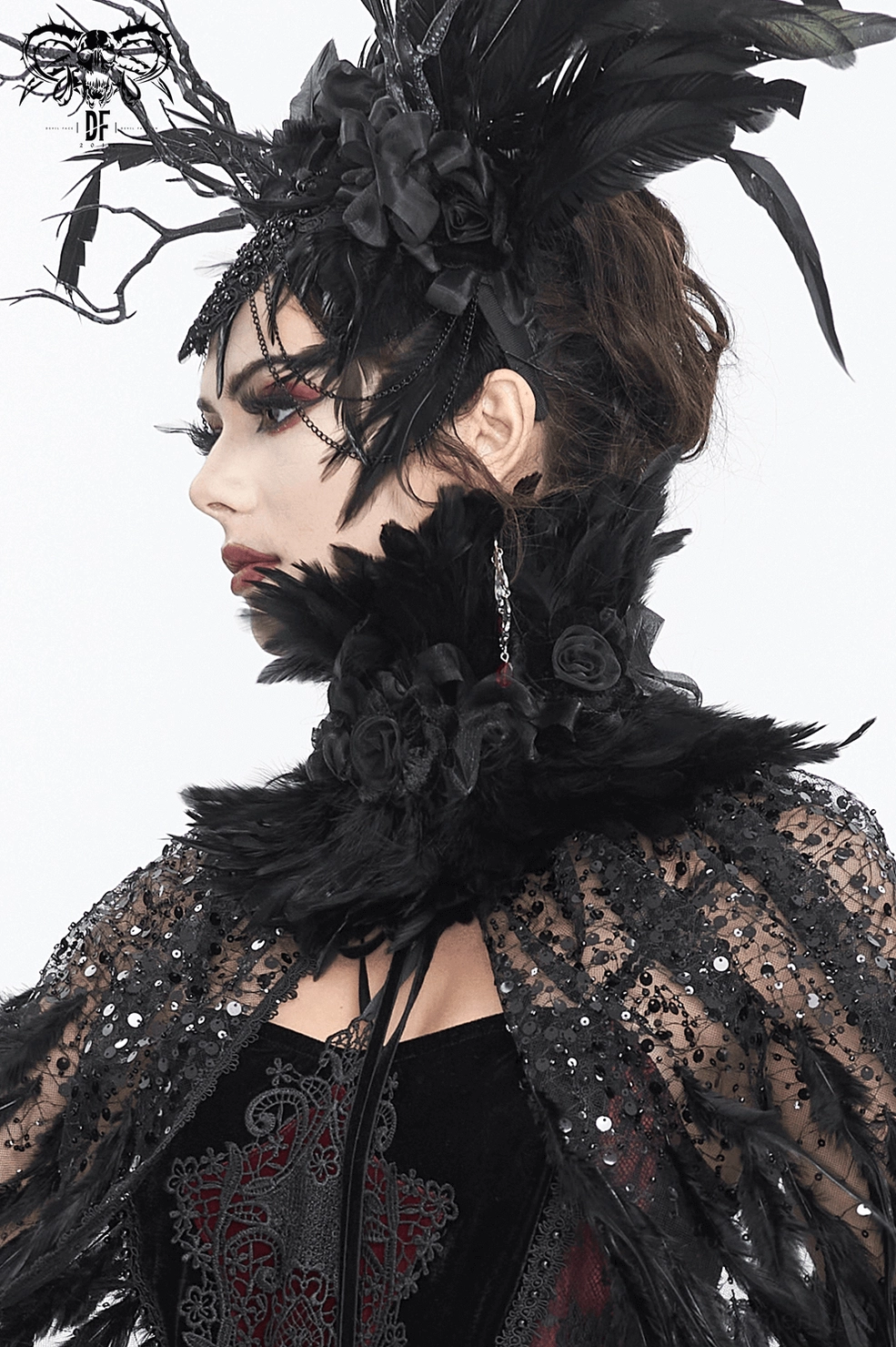 Black gothic feather flower collar alternative neckwear product shot