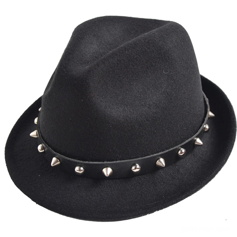 Black studded gothic fedora hat with metal rivets and leather band, front flat lay view