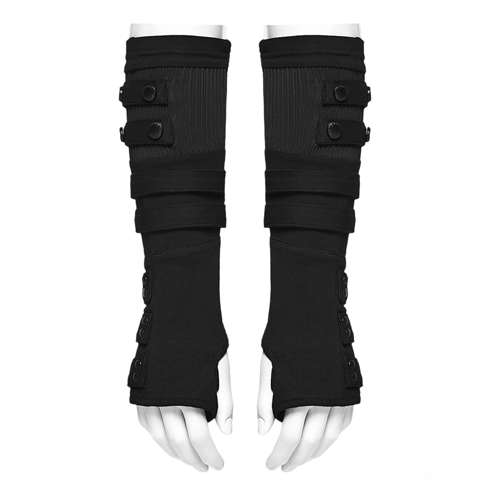 Black gothic fingerless gloves flat lay display showing ribbed fabric and button strap details