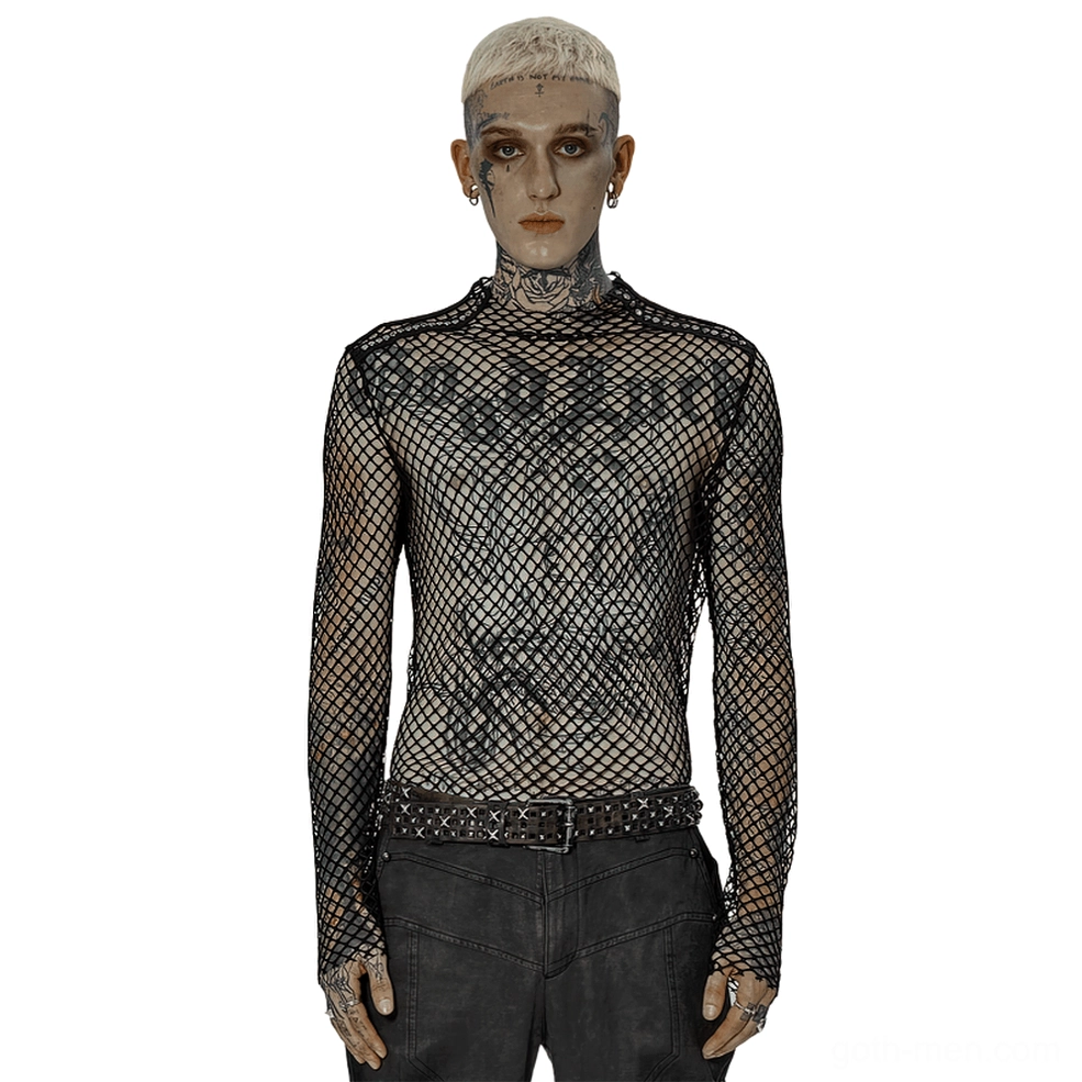 Black gothic fishnet mock neck long sleeve mesh top front view on tattooed male model