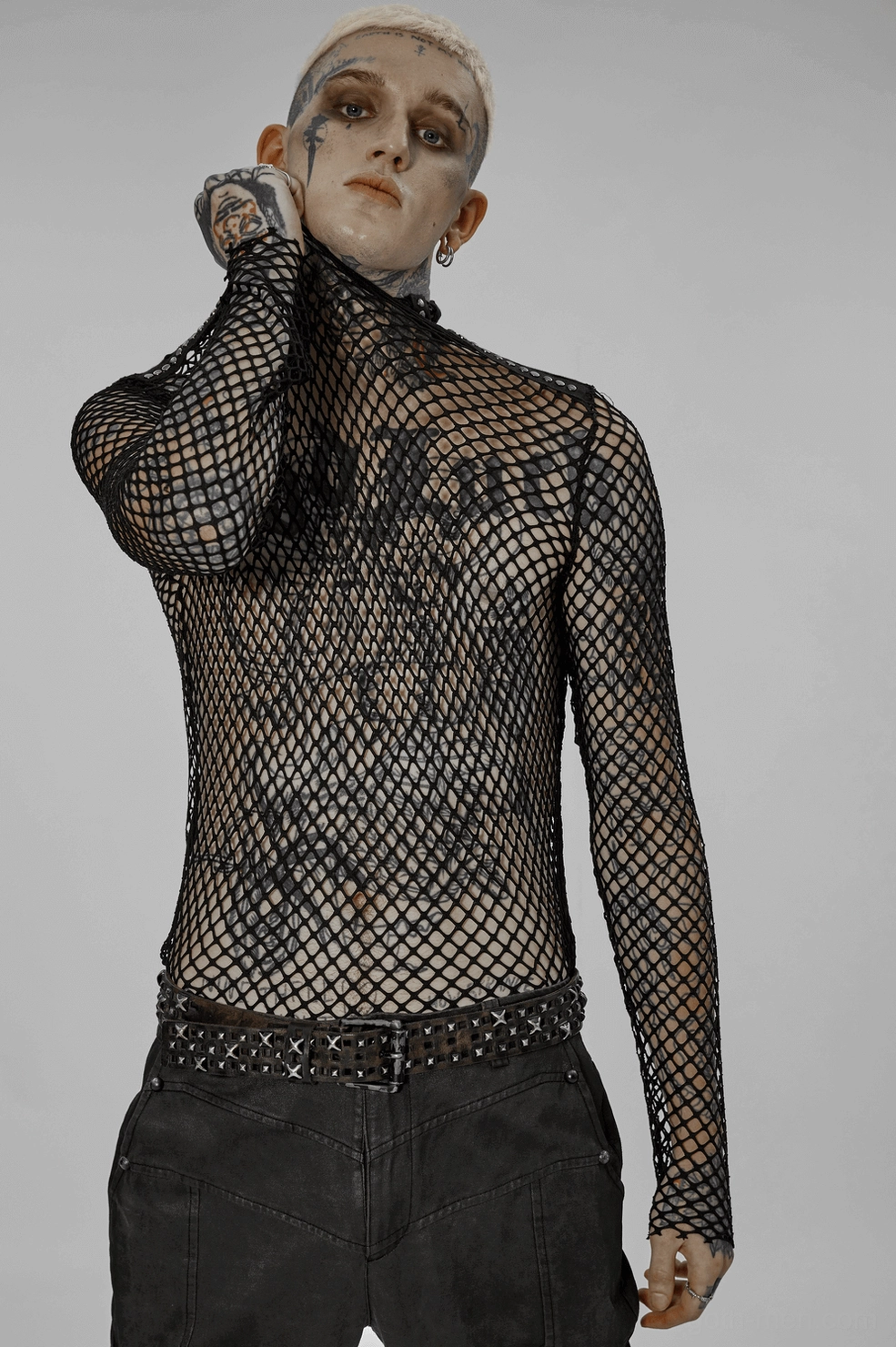 Black gothic fishnet mock neck long sleeve mesh top full product display shot