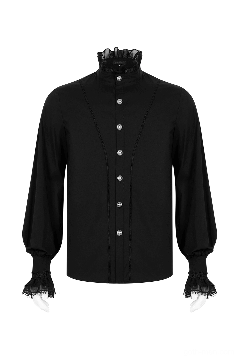 Black gothic formal shirt front flat display highlighting silver buttons and ruffled collar details