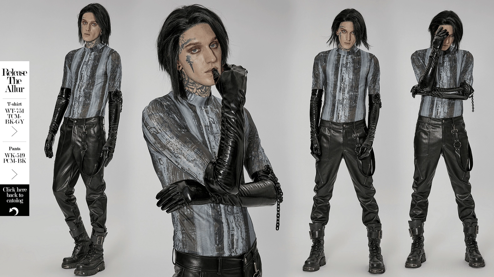 Black patent leather long gloves product showcase with detachable chain, demonstrating versatile styling options for gothic fashion