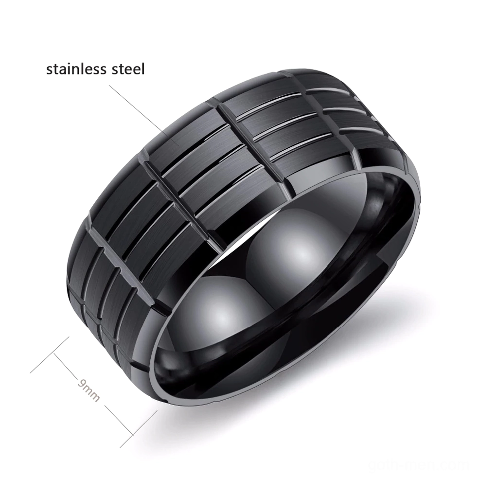 Black stainless steel gothic ring with 9mm width grid texture detail and size comparison