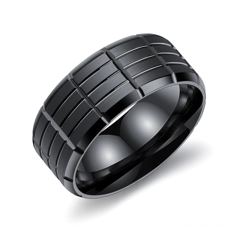 Black gothic grid stainless steel ring front view with geometric engraved pattern