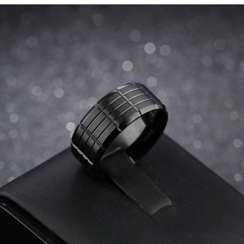 Black gothic grid stainless steel ring with jewelry box lifestyle styling