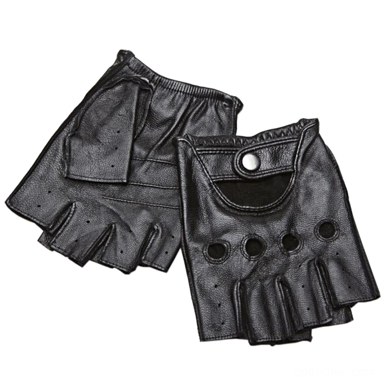 Black genuine leather half-finger gloves with snap button wrist closure and perforated ventilation design, overhead flat lay view
