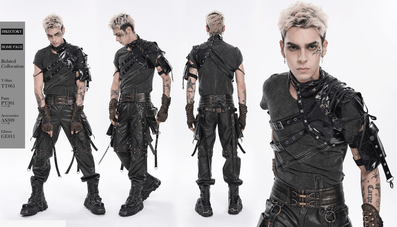 Black faux leather gothic harness showing adjustable buckle fastenings and arm attachment points