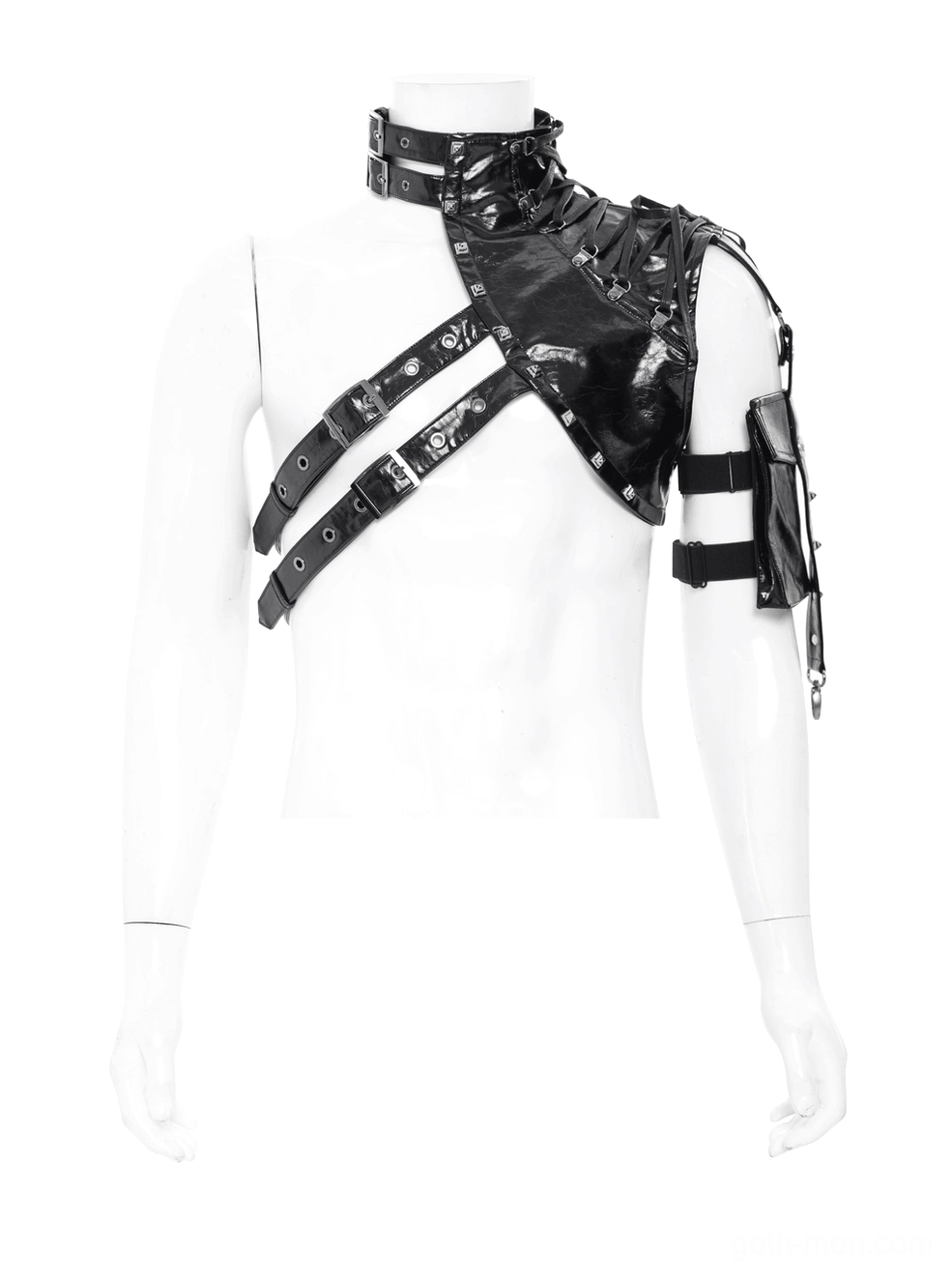 Black faux leather gothic harness vest front view on mannequin with rivet details and detachable arm pocket