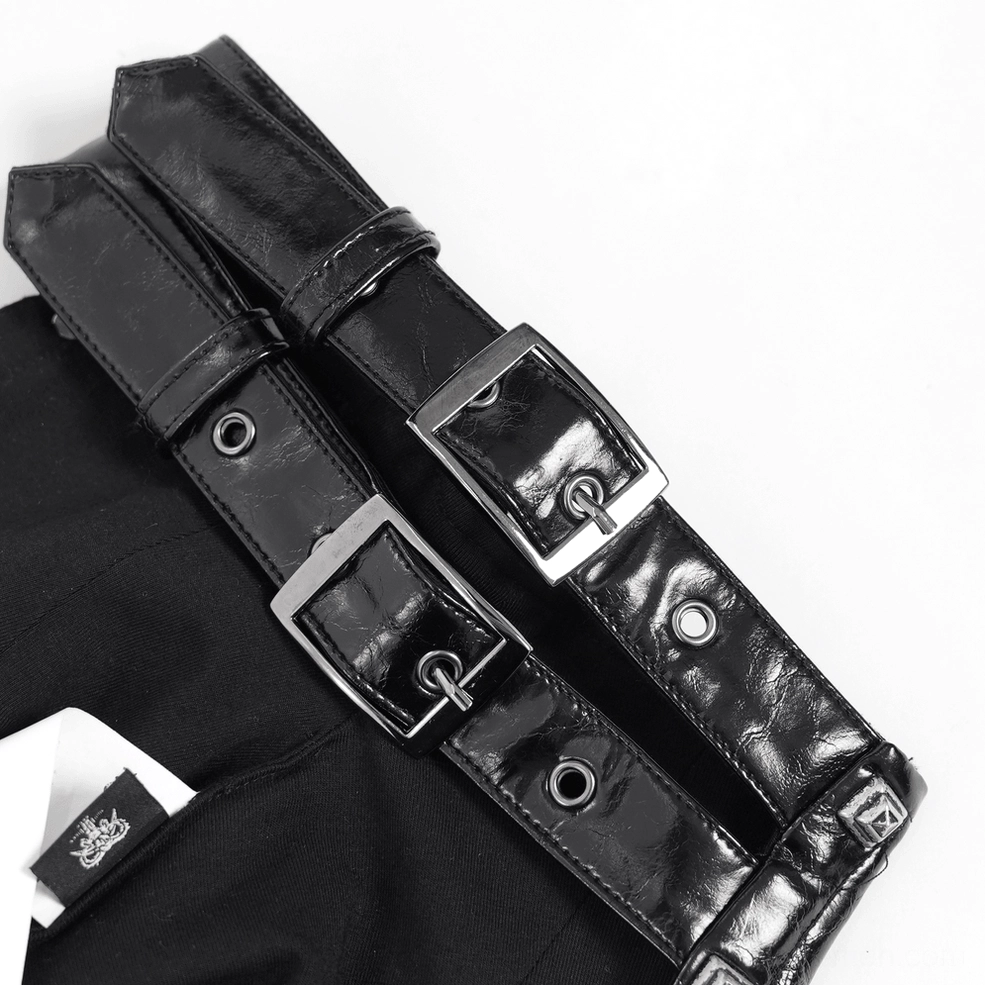 Black faux leather gothic shoulder harness asymmetric design detail view
