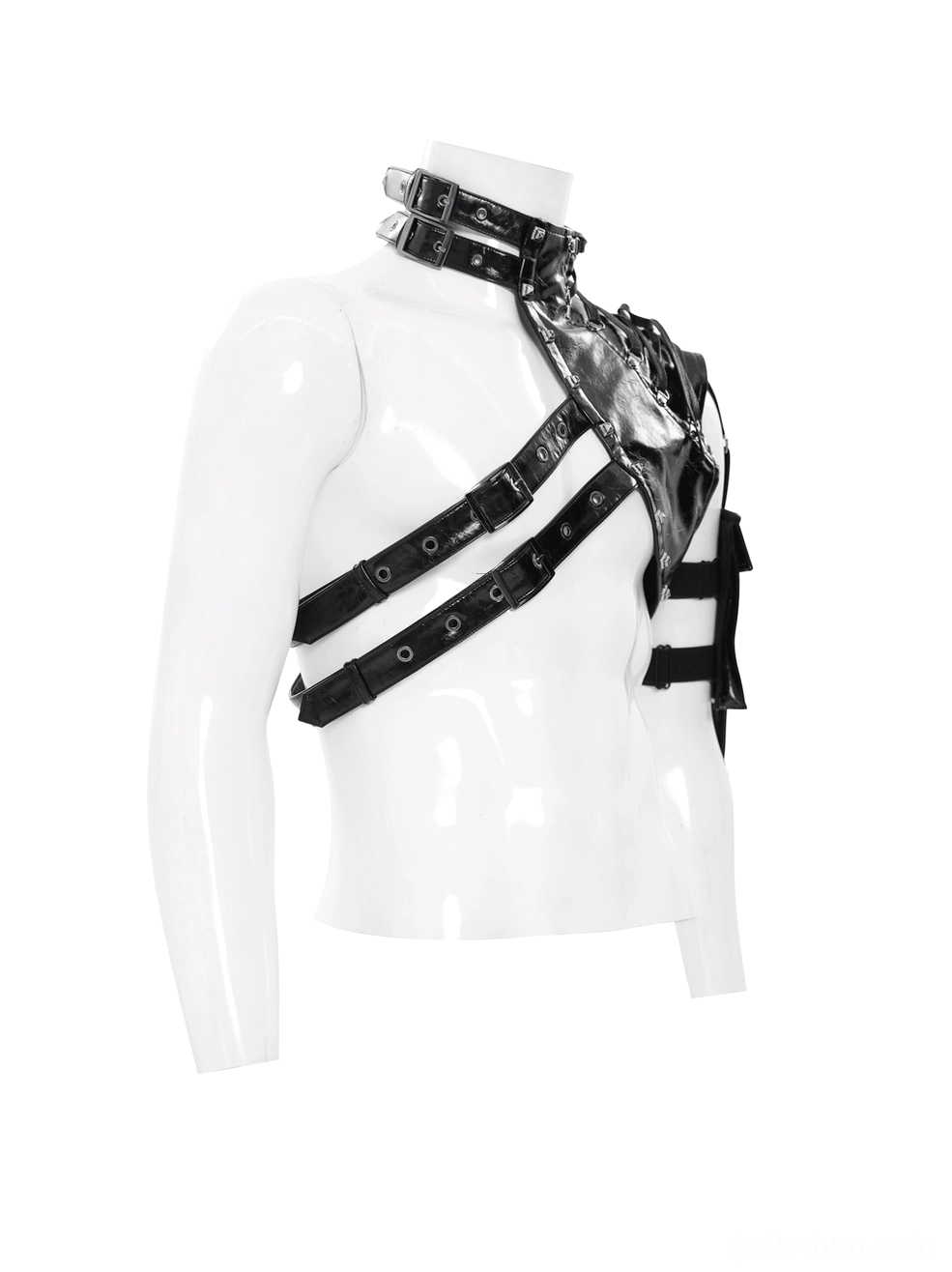 Black gothic shoulder harness vest front view on mannequin with choker collar and cross leather straps