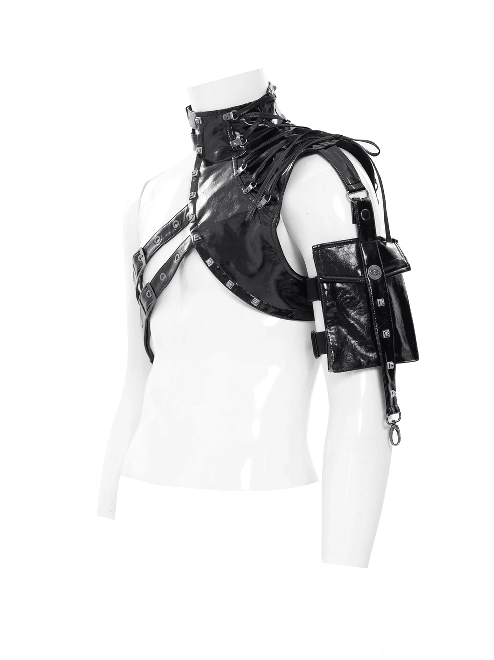 Black cyberpunk gothic harness with fringed trim and zippered arm pouch on mannequin front view